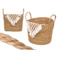 Large white macrame wicker planter with pom-pom