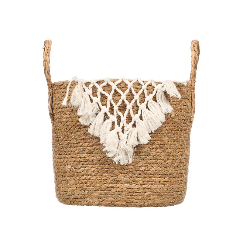 Large white macrame wicker planter with pom-pom
