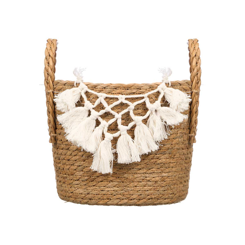 MACETERO MIMBRE MACRAME POMPON BLANCO PEQUEÑO