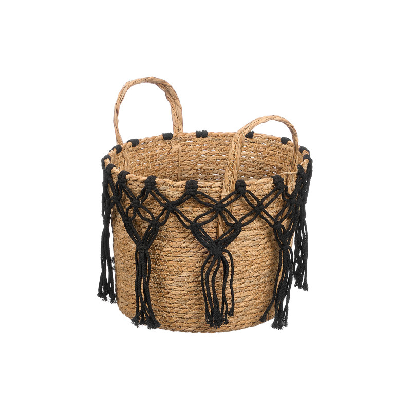 GRAND POT FLEURS EN OSIER MACRAMÉ SUSPENDU NOIR
