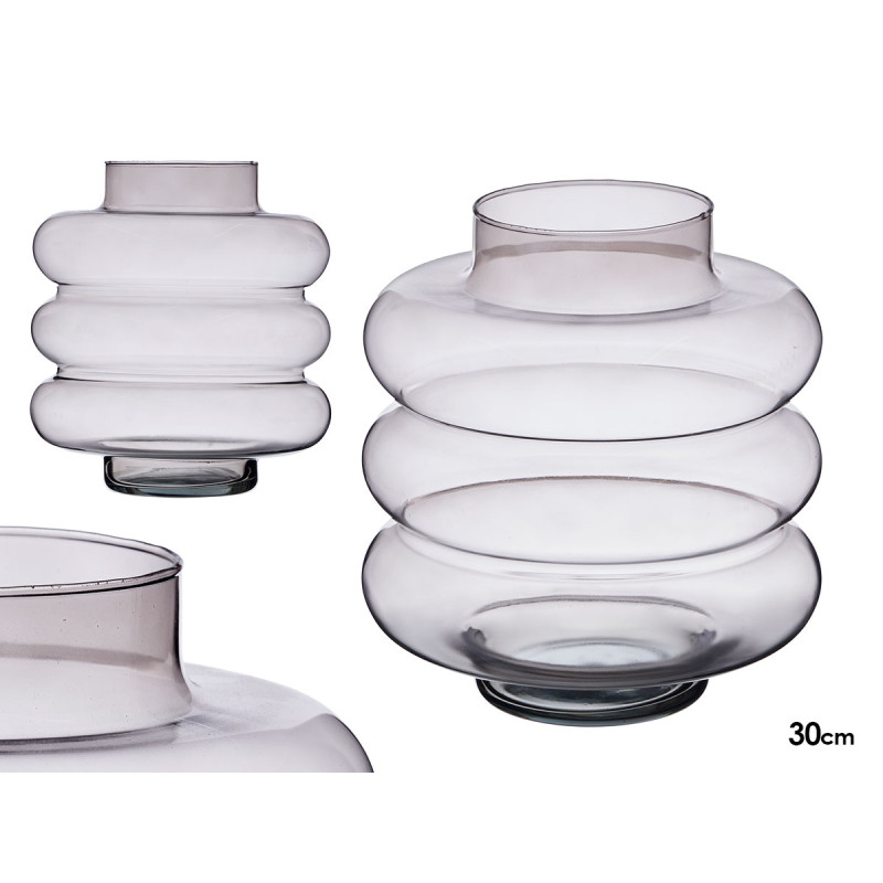 CRYSTAL VASE TRIPLE FLATTENED SPHERE 38CM GREY