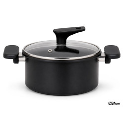 CACEROLA INDUCCION TAPA CRISTAL 24CM NEGRO