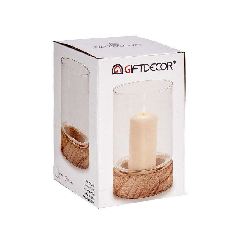 PORTACANDELE VETRO BASE LEGNO ROT MED