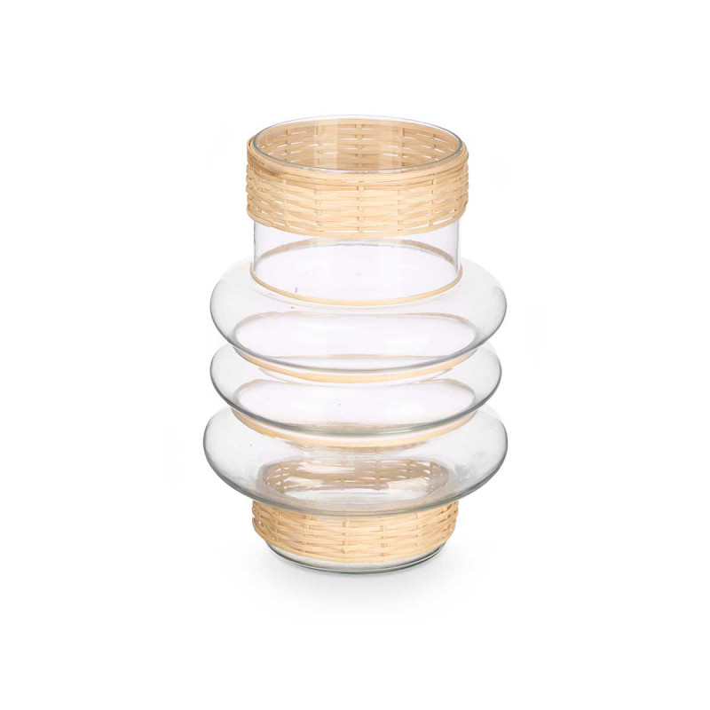 BOUGEOIR ANNEAUX EN VERRE ET ROTIN PETIT
