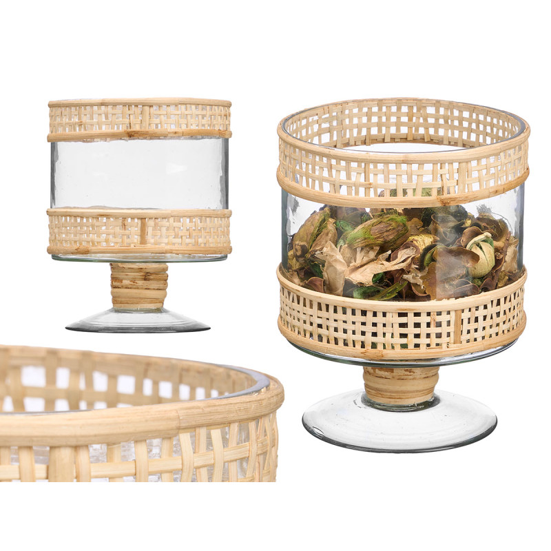 SMALL CYLINDRICAL GLASS CANDLE HOLDER GLASS RATTAN