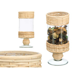 BOUGEOIR COUPE CYLINDRIQUE HAUT EN VERRE ET ROTIN 