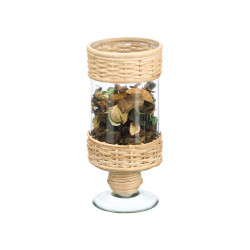 TALL CYLINDRICAL GLASS CANDLE HOLDER RATTAN