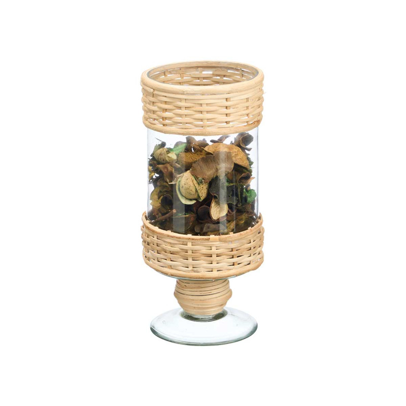 PORTACANDELA CALICE CILINDRICO ALTO VETRO RATTAN
