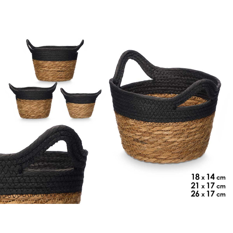 SET 3 CESTOS REDONDOS ASAS 16CM ALTO NEGRO