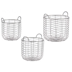 SET 3 CESTOS METALICOS REDONDOS PLATEADO CON ASAS