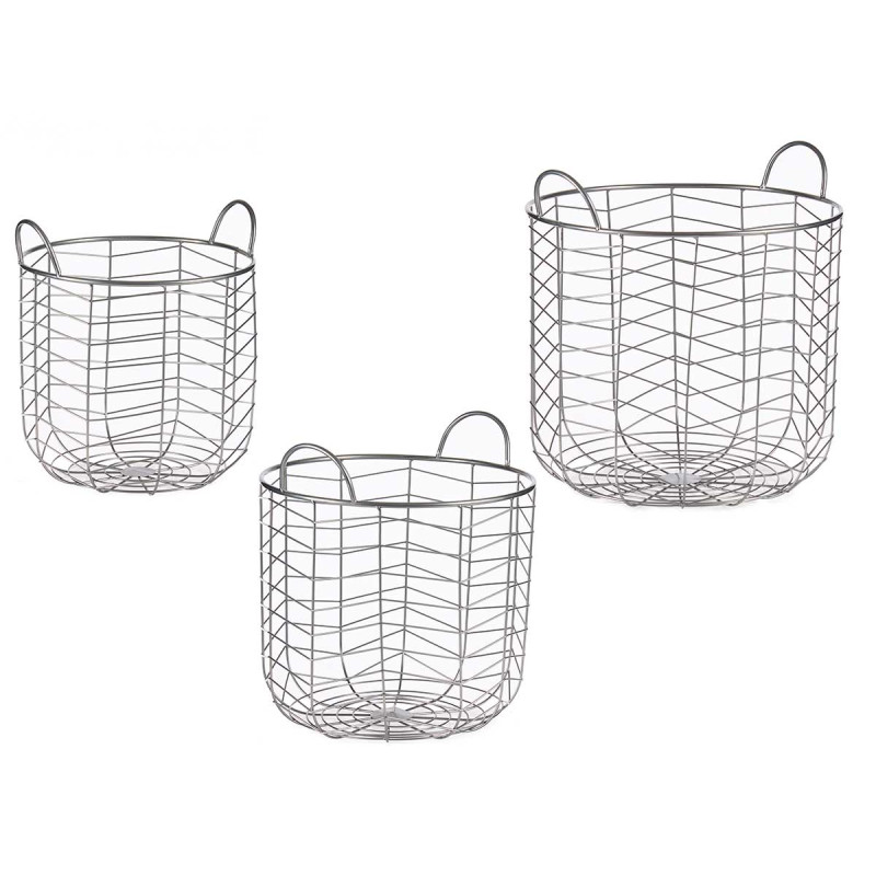 SET 3 CESTI METALLICI ROTONDI ARGENTO CON MANIGLIE
