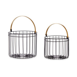 SET 2 BLACK CYLINDRICAL BASKETS WITH GOLD HANDLE