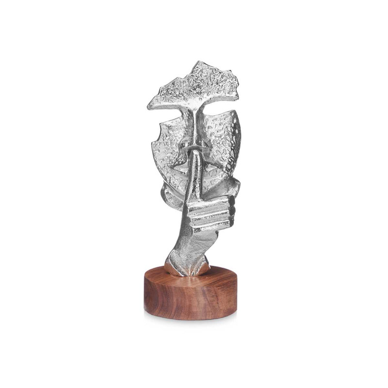 FIGURA METAL SILENCIO PLATA CON SOPORTE MADERA