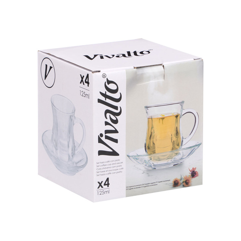 SET 4 TAZAS VIDRIO CON PLATO LISO 125ML