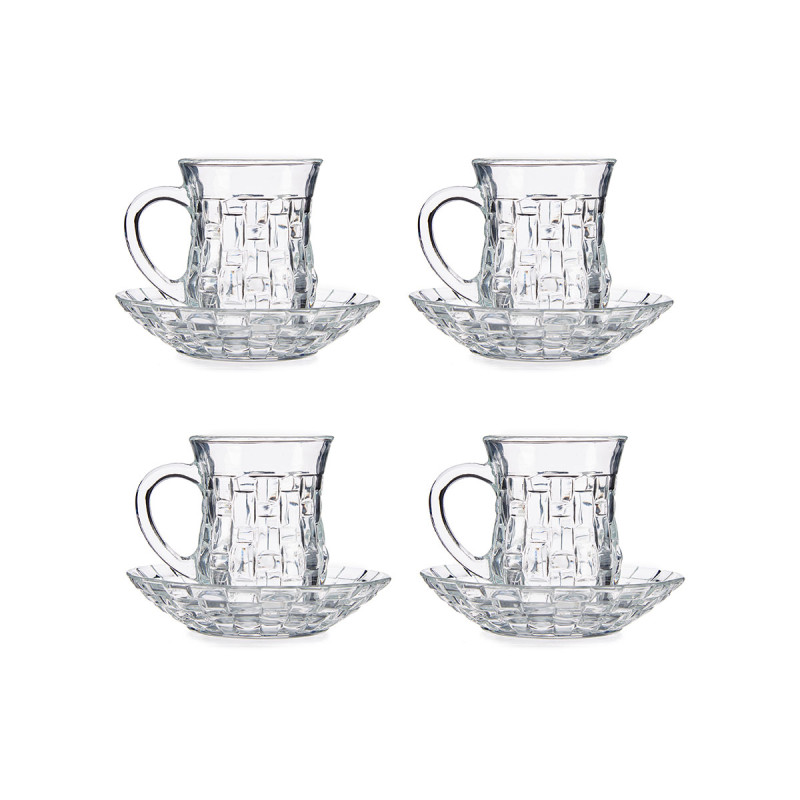 SET 4 TAZAS VIDRIO CON PLATO TEXTURA MIMBRE 125ML
