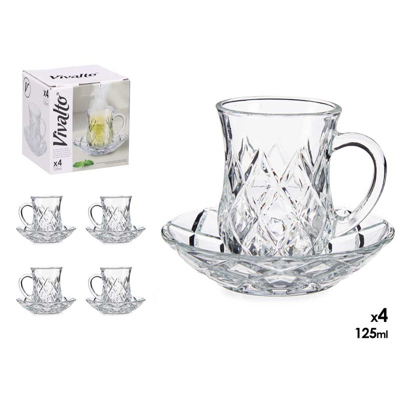 CONJ 4 CANECAS VIDRO COM PRATO LOSANGOS 125ML