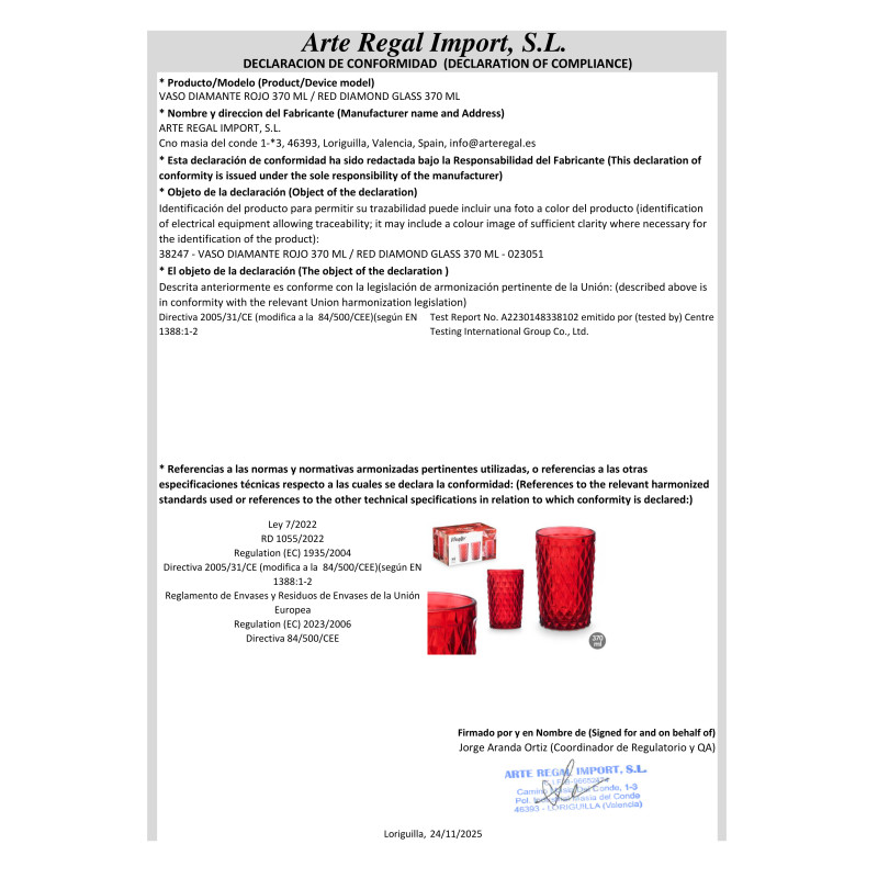 BICCHIERE DIAMANTE ROSSO 370 ML