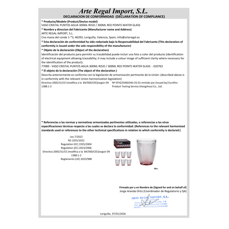 BICCHIERE CRISTALLO PUNTI ACQUA 300ML ROSSO