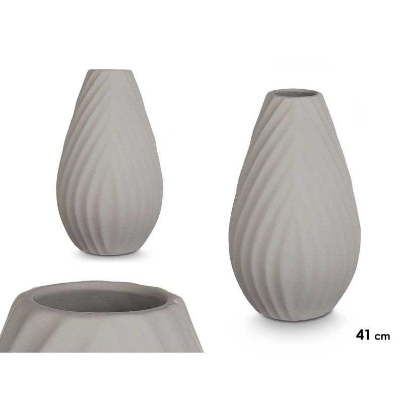 VASO CERAMICA RISCAS DIAGONAIS 41CM CINZENTO