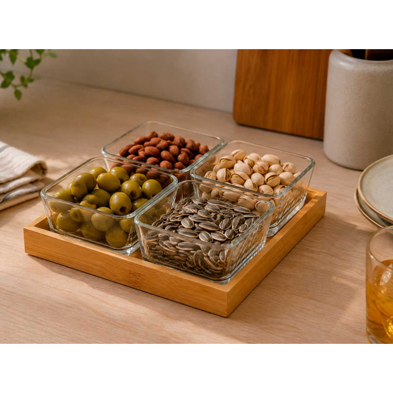 4 GLASS BOWLS BAMBOO TRAY
