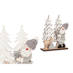 FIGURA DECORATIVA MADEIRA PAI NATAL E RENA CINZENT