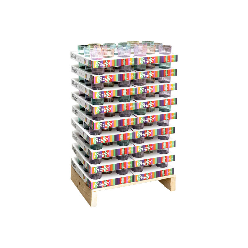 VASO VIDRIO RAYAS 360ML SURT 6 COLORES DISPLAY