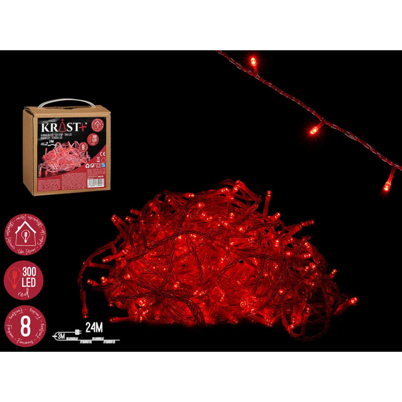 STRISCIA LED INTERNI ROSSA 24M 300 LUCI 8 FUNZ