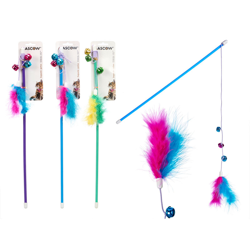 CAT TOY STICK WITH FEATHERS ASSORT 3 COLOURS
