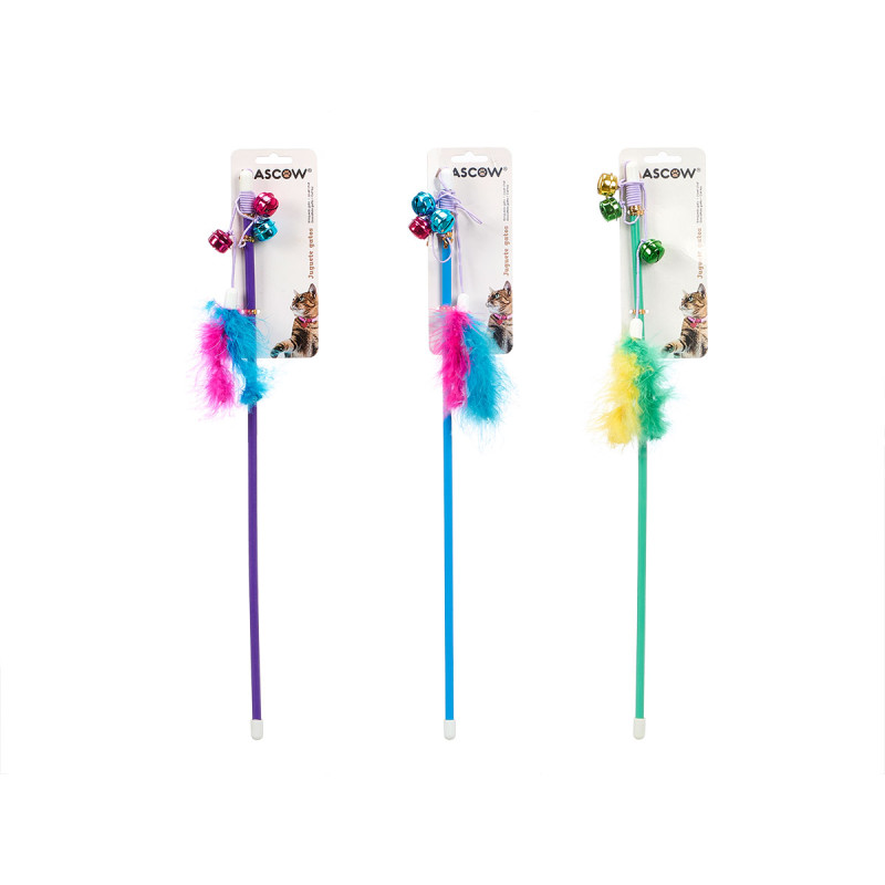 PALO JUGUETE PARA GATO CON PLUMAS SURT 3 COLORES