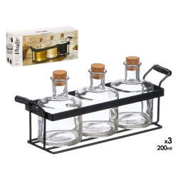 SET 3 FRASCAS TAPON CORCHO 200 ML SOPORTE METAL