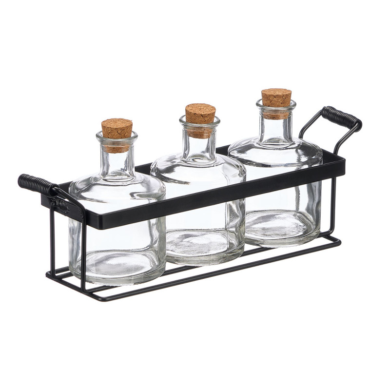 SET 3 FRASCAS TAPON CORCHO 200 ML SOPORTE METAL