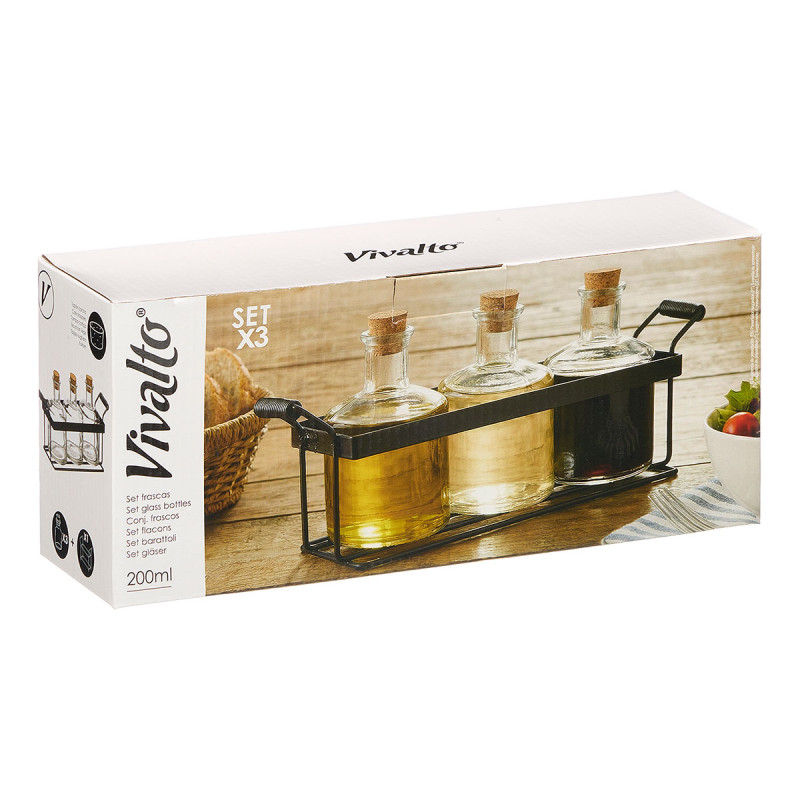 SET 3 FRASCAS TAPON CORCHO 200 ML SOPORTE METAL