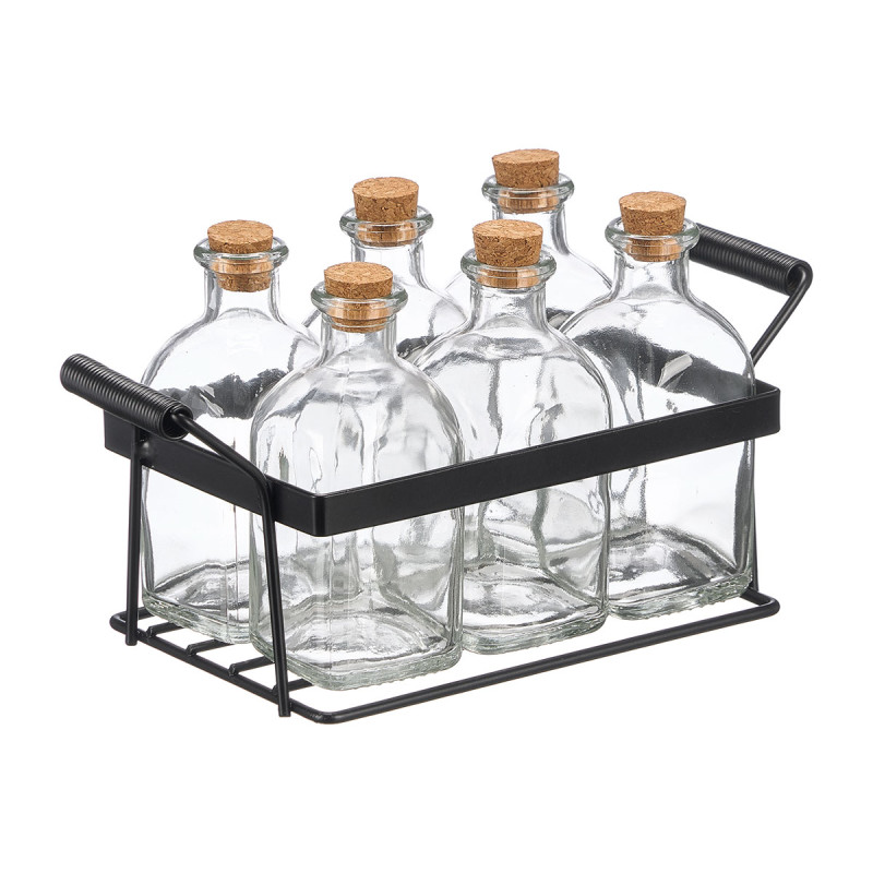 SET 6 FRASCAS TAPON CORCHO 125 ML SOPORTE METAL