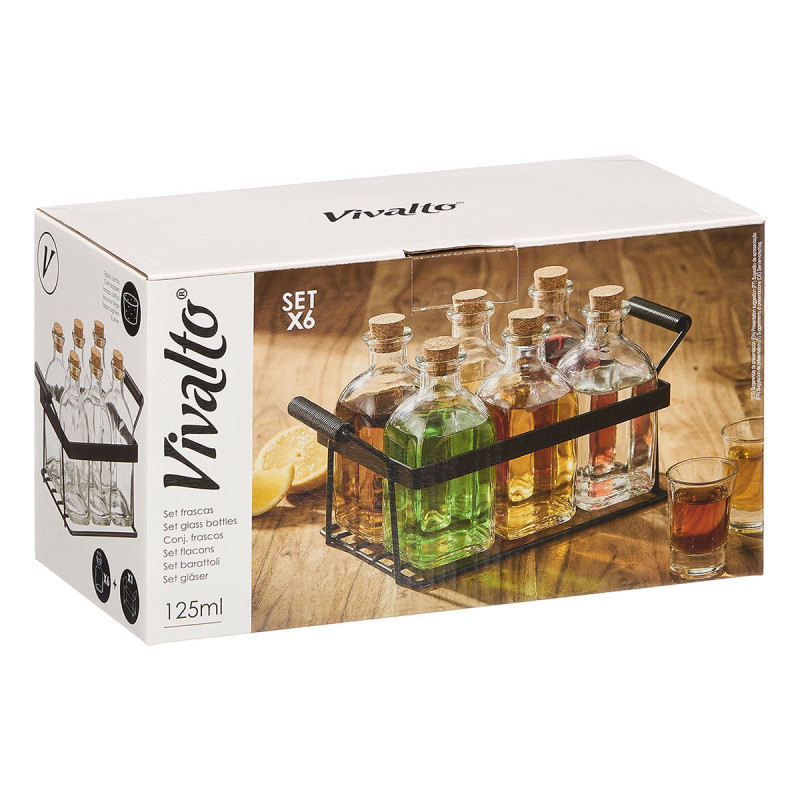 SET 6 FRASCAS TAPON CORCHO 125 ML SOPORTE METAL