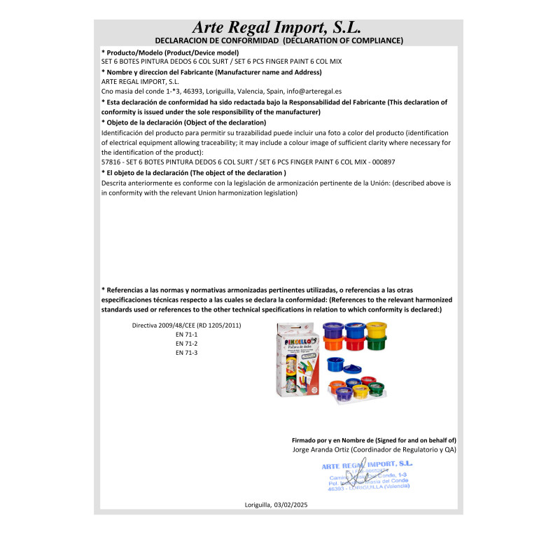 CONJ 6 FRASCOS PINTURA DEDOS 6 COR SORT