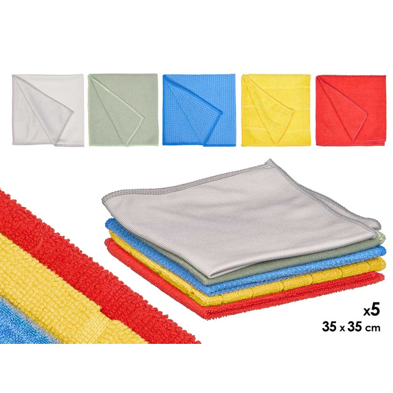 SET 5 CLEANING CLOTH 35X35CM ASRT 5 COL