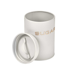WHITE SUGAR JAR WITH RAISED LETTERS