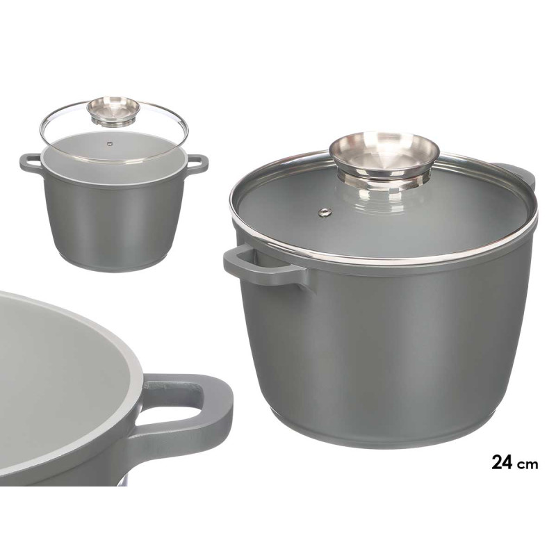 CAÇAROLA ALTA REDONDA FORJADA INDUÇÃO CINZA 24CM