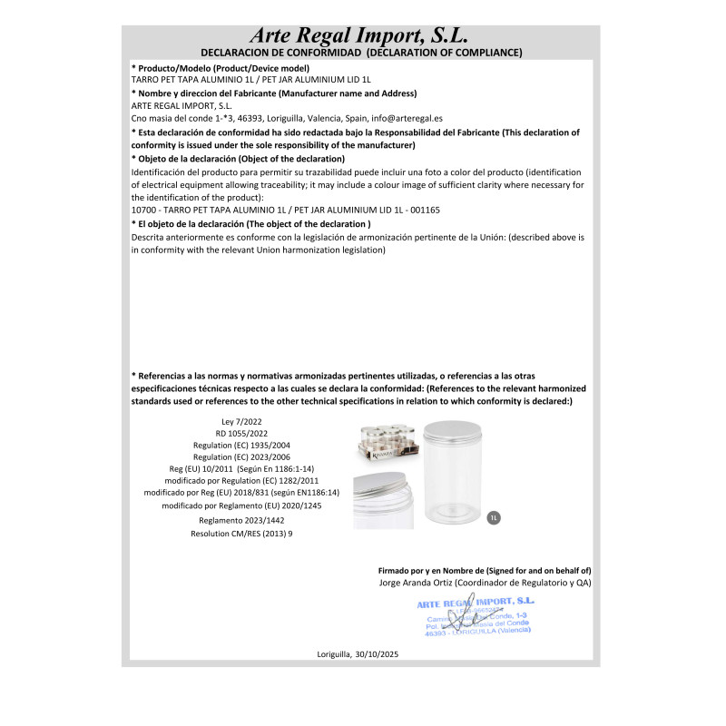 TARRO PET TAPA ALUMINIO 1L