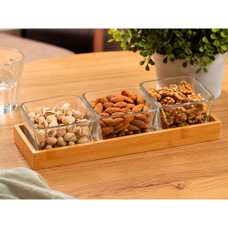 3 GLASS BOWL BAMBOO TRAY