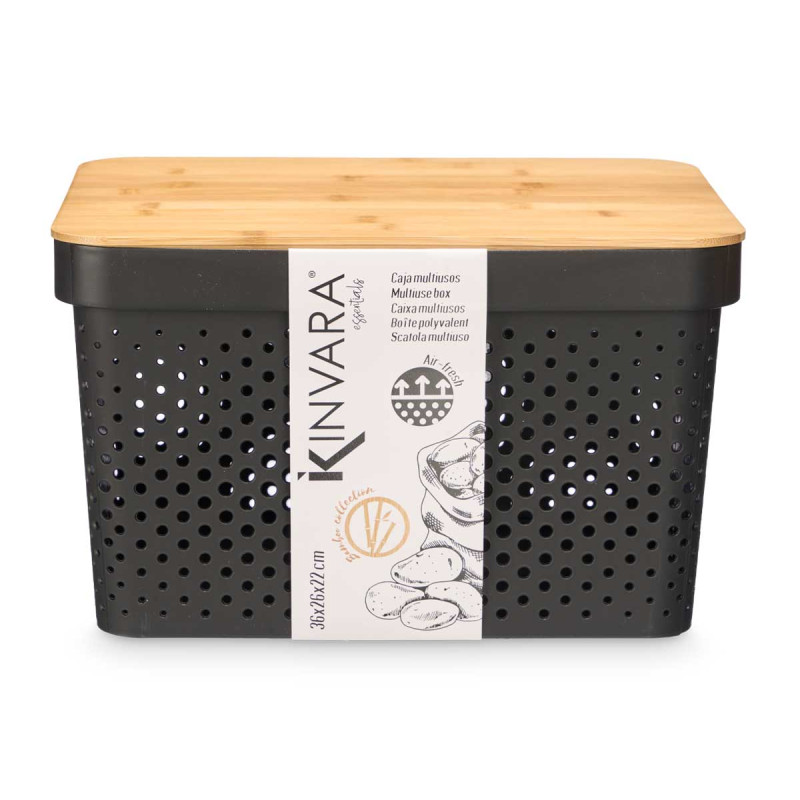CAJA MULTIUSOS PERFORADA TAPA BAMBU GRD NEGRA 22CM