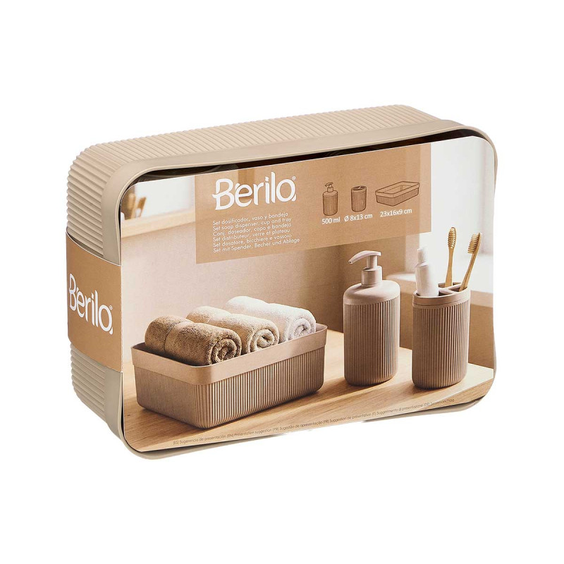 BEIGE STRIPED DISPENSER CUP TRAY SET