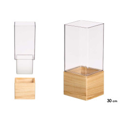 JARRON ACRILICO CUADRADO BASE MADERA 12X12X30CM