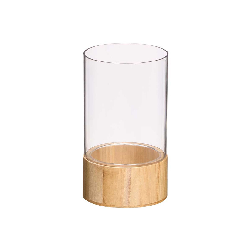 JARRON ACRILICO CILINDRICO BASE MADERA 12X12X20CM