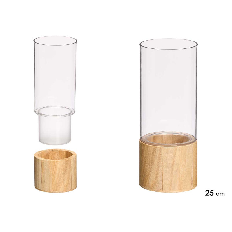 VASO CILINDRICO ACRILICO BASE MADEIRA 10X10X25CM