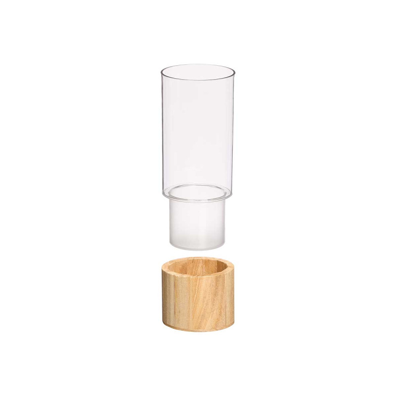 JARRON ACRILICO CILINDRICO BASE MADERA 10X10X25CM