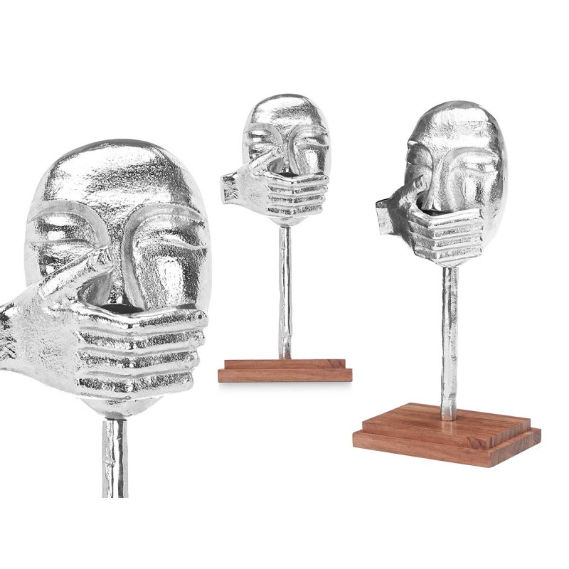 FIGURINE MÉTAL MAIN BOUCHE ARGENT SUPPORT BOIS