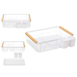 WHITE METAL DISH RACK TRAY BAMBOO HANDLES