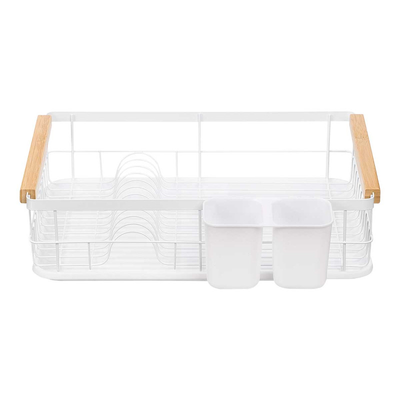 WHITE METAL DISH RACK TRAY BAMBOO HANDLES