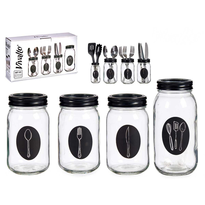 SET 4 RANGE COVERTS VERRE AVEC COUVERCLE METAL 
